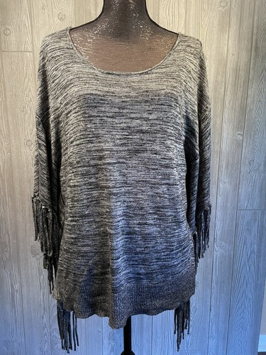 Ana Womens Size XL Gray Black Marled Knit Acrylic Fringe Blouse - Picture 2 of 9