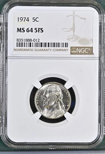 1974 Jefferson nickel graded by NGC MS64 5FS