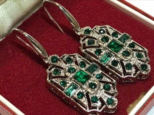 Beautiful Art Deco Style Baguette Green Crystal Drop Earrings - Picture 2 of 13