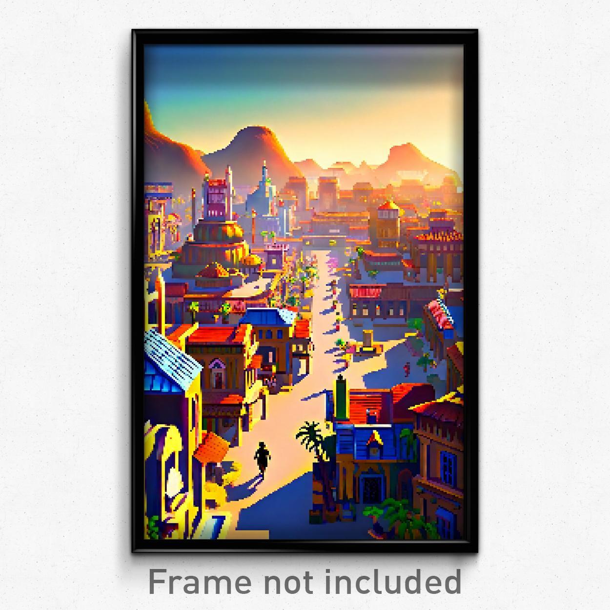 Pixel Art Poster - Large Exotic Town (8 Bit Psychedelic Trippy Video Game Print)