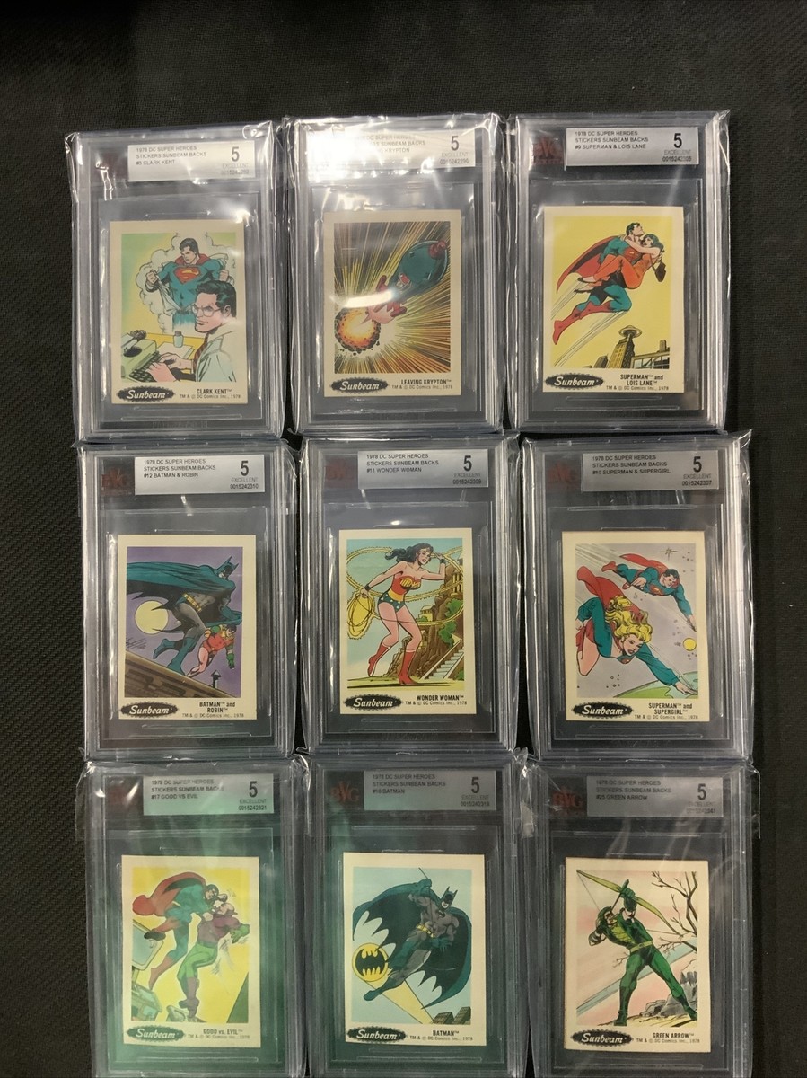 レア 1978 SUPERMAN Sunbeam シール ビンテージ PSA 5 1978 DC Super Heroes Stickers SunBeam Backs 30 Card Set BVG Avg