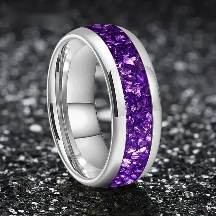 Anel de carboneto de tungstênio masculino e feminino 8 mm pedra cristal roxo incrustada confortável - Imagem 2 de 4