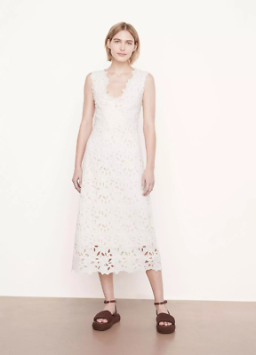 vince sleeveless lace dress $595 NWT VINCE Nouveau White Lace V-Neck Sleeveless Midi Dress Size 4