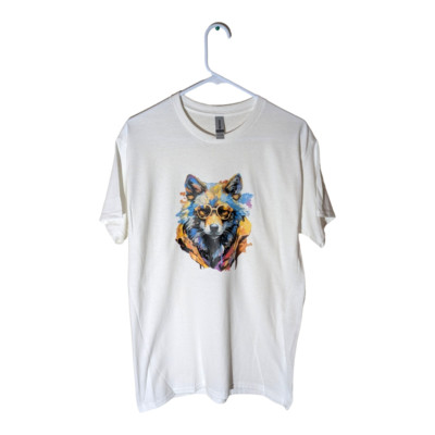 Cool Colorful Wolf  with Sunglasses -  Graphic Tee Shirt - Size M - NWOT 