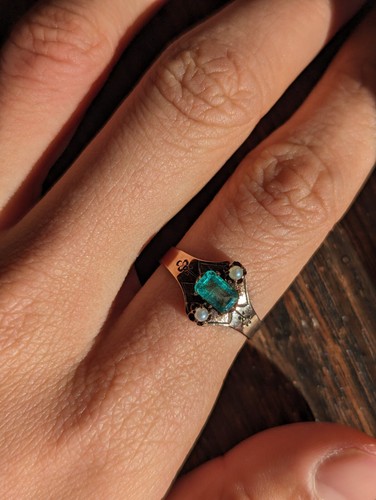 Antique Victorian Colombian Emerald Pearl Ring 9ct Rose Gold Emerald Cut Q / 8 - Picture 2 of 10