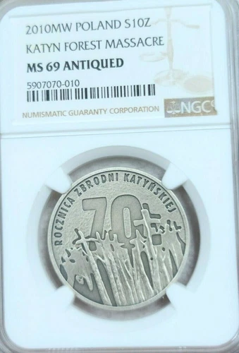 2010 POLAND SILVER 10 ZLOTYCH KATYN FOREST MASSACRE NGC MS 69 ANTIQUED
