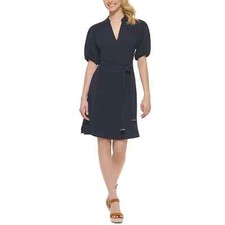 Tommy Hilfiger Womens Navy Puff Sleeves V-Neck Short Mini Shift Dress Size 14