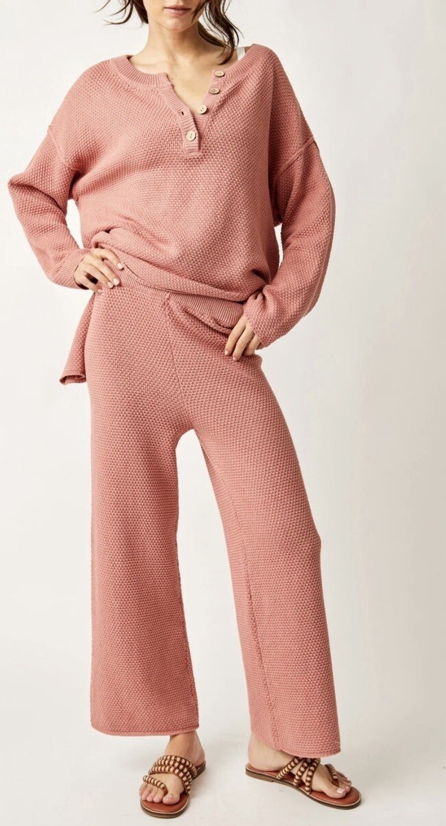 FREE PEOPLE Hailee Waffle Stitch Long Sleeve Top & Wide Leg Pants