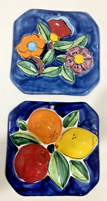 2 La Musa Italy Terracotta 7'' X 7'' Wall Plaques 3D Fruit & Flowers Hand-Painted