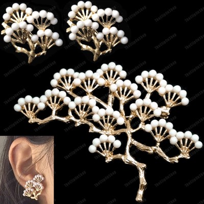 CLIP ON Baum SCHNEEKIEFER Vintage Stil OHRRINGE BROSCHE Perle/Weiß/Gold ORIENTAL