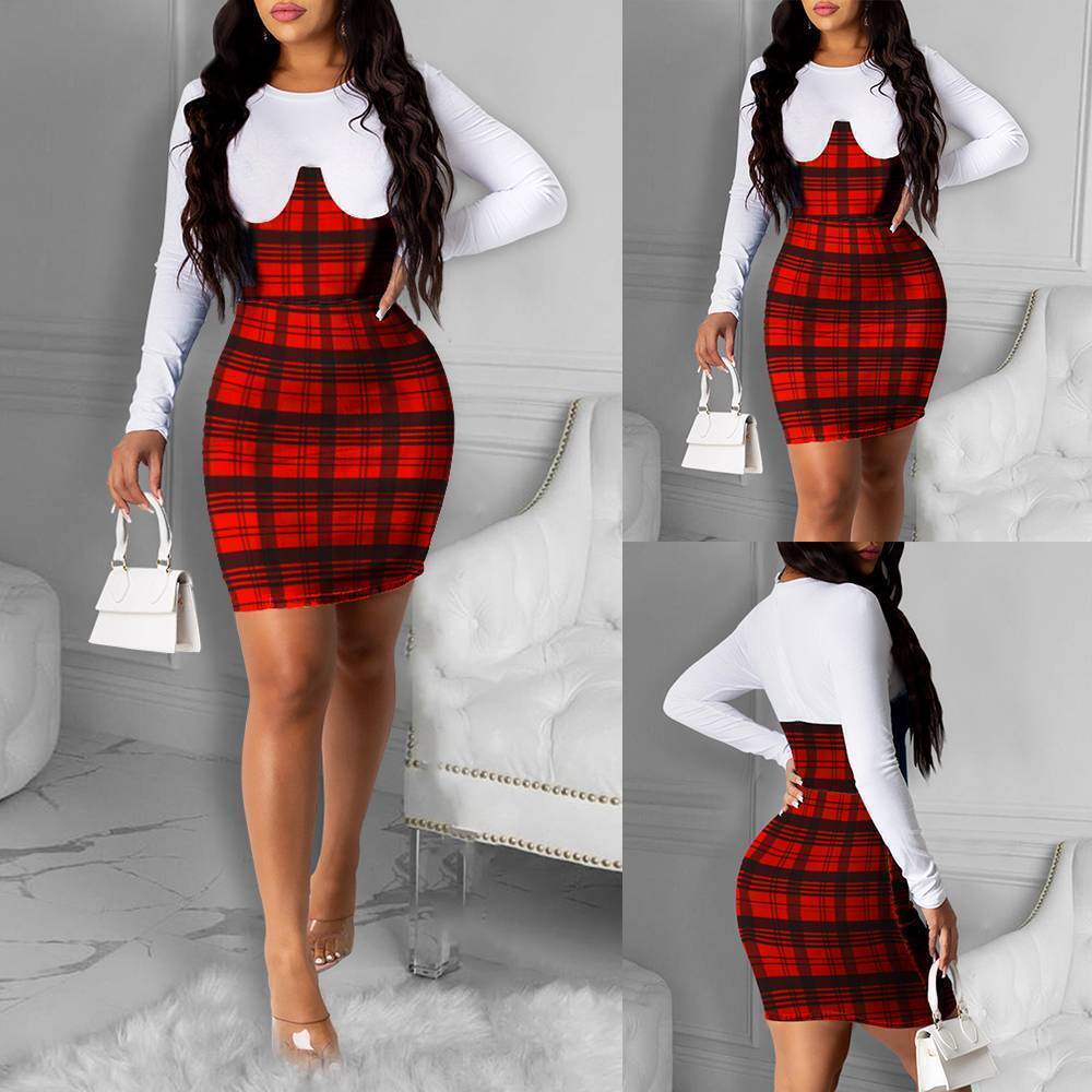 Women Long Sleeve Plaid Check Mini Dress Ladies Bodycon Christmas Party