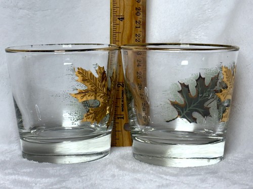 2 Vintage Libbey Golden Oak Leaf Lowball Glass MCM Bar Ware Gilded 24kt - Picture 7 of 8