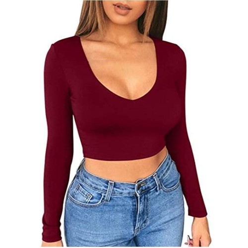 Women's Low-cut Crop Top Tight Sexy Long Sleeve T-shirt Casual Solid Color - Picture 7 of 16