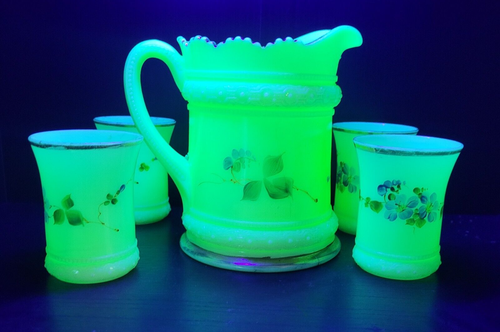 Antiker Heisey Ring Band Pudding Glas Krug & 4 Tassen selten blauer Hibiskus UV - Bild 2 von 21