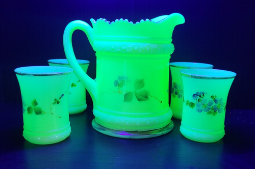 Antique Heisey Ring Band Custard Glass Pitcher & 4 Cups Rare Blue Hibiscus UV - Picture 1 of 21