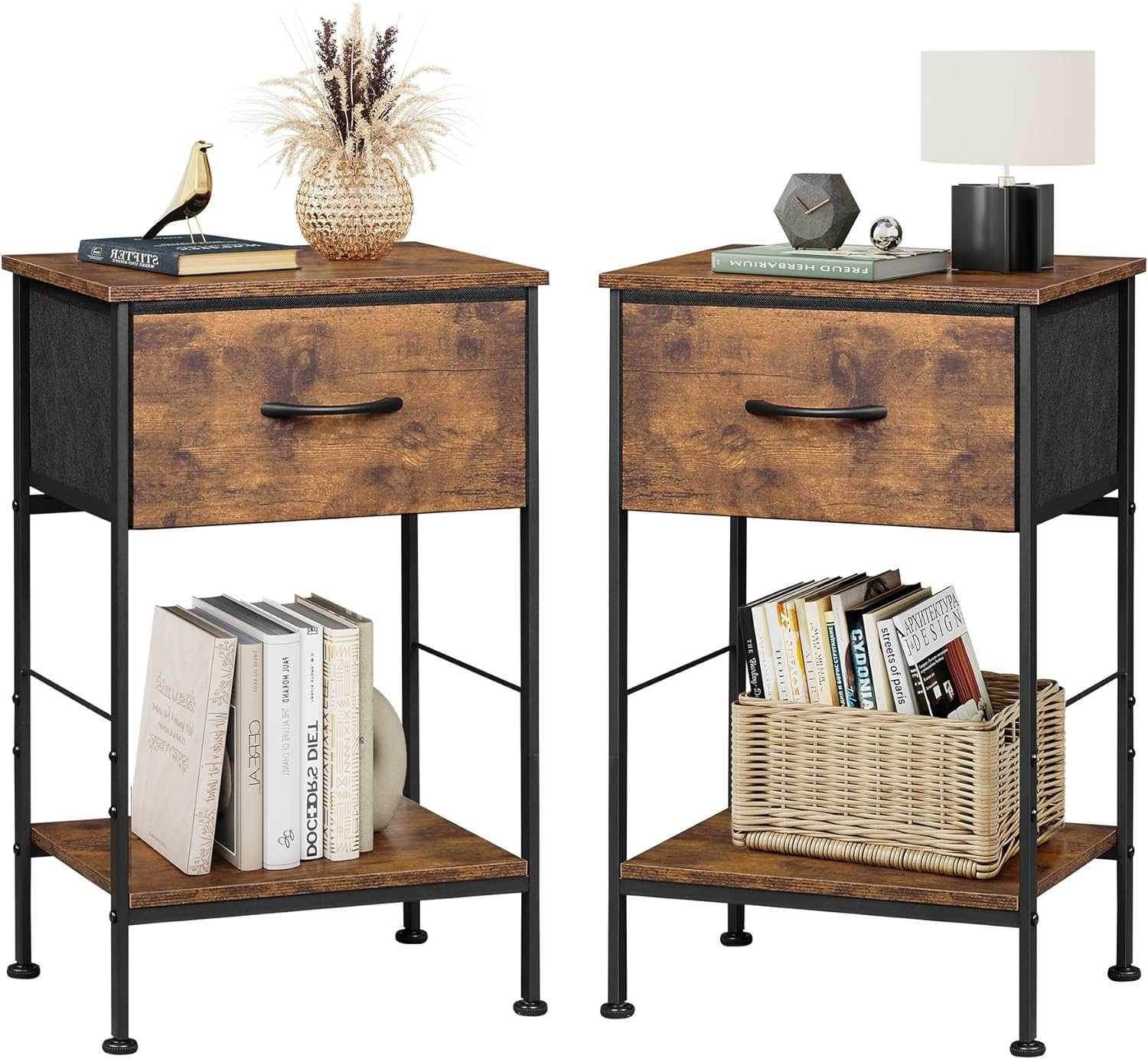 Stylish Nightstand Set of 2 with Fabric Drawer and Wood Shelf for Bedroom Storage-image