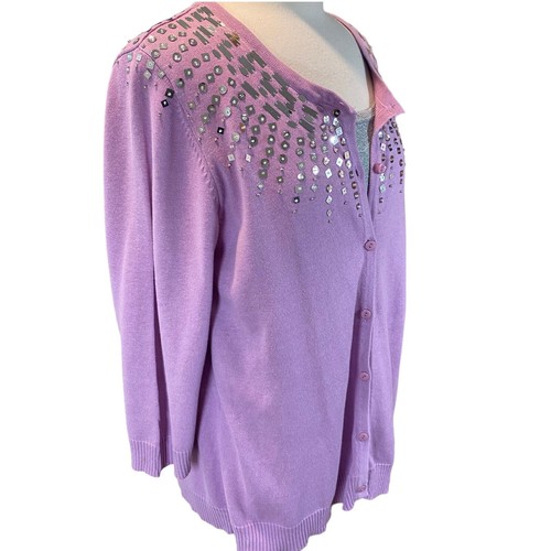Quacker Factory Lavender Cardigan 3/4 Sleeve Embellished Silver Sequin Faux Cami - Picture 6 of 9
