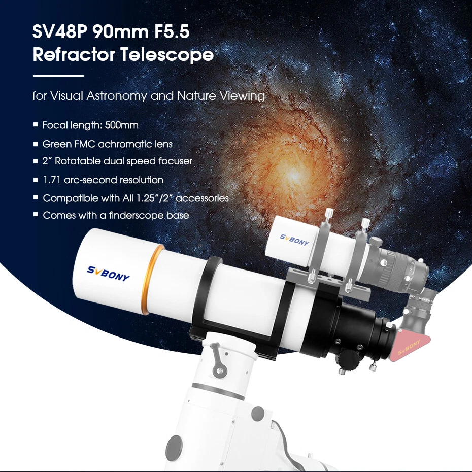 SVBONY SV48P 2“ 90/500mm Telescopes F5.5 Refractor OTA W/ SV106 50mm Guide Scope - Image 2 of 4