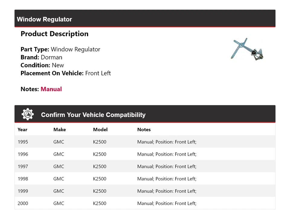 For 1995-2000 GMC K2500 Dorman Window Regulator Front Left 1996 1997 1998 1999 - Image 2 of 4