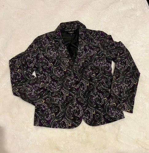 Talbots Velvet Blazer Jacket Purple Black Paisley Holiday Size 8 - Picture 12 of 15