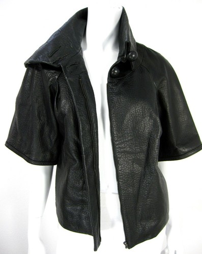 Sheri Bodell 100% Lamb Leather Short Sleeve Mock Jacket Size XS Solid Black - Picture 3 of 10