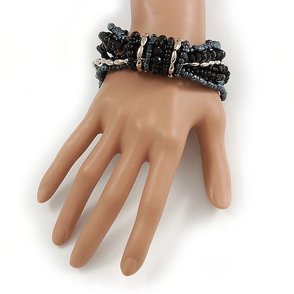 Pulsera flexible con cuentas de acrílico plateadas de vidrio negro/hematita - 19 cm de largo Foto 2 de 3