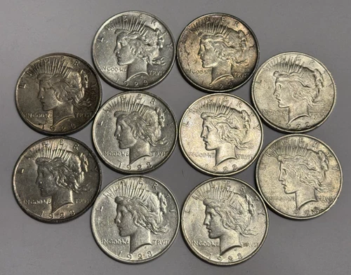 1923 PEACE SILVER DOLLARS ~ 90% Silver (Lot of 10) ~ AU / BU