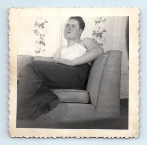 Old Vintage Square Photo SOLO MAN HUNK SITTING ON COUCH SOFA SNAPSHOT
