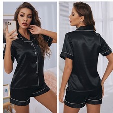 Women Satin Pyjamas Nightwear PJs Set Ladies Silk Short Sleeve Button Sleepwear