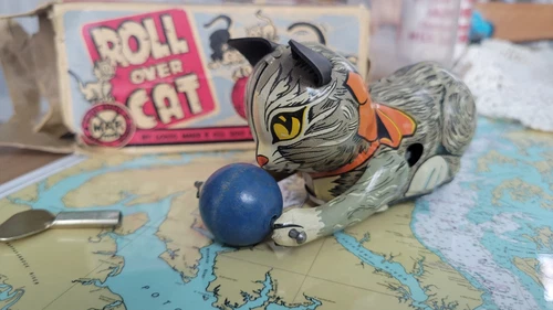 Rare Marx Roll Over Tin Cat With Box And Key