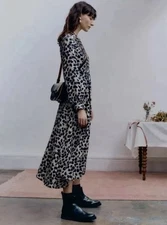 Toast Trailing Leaf Beige Navy Floral Tea Midi Pintuck Summer Dress Size Uk 10