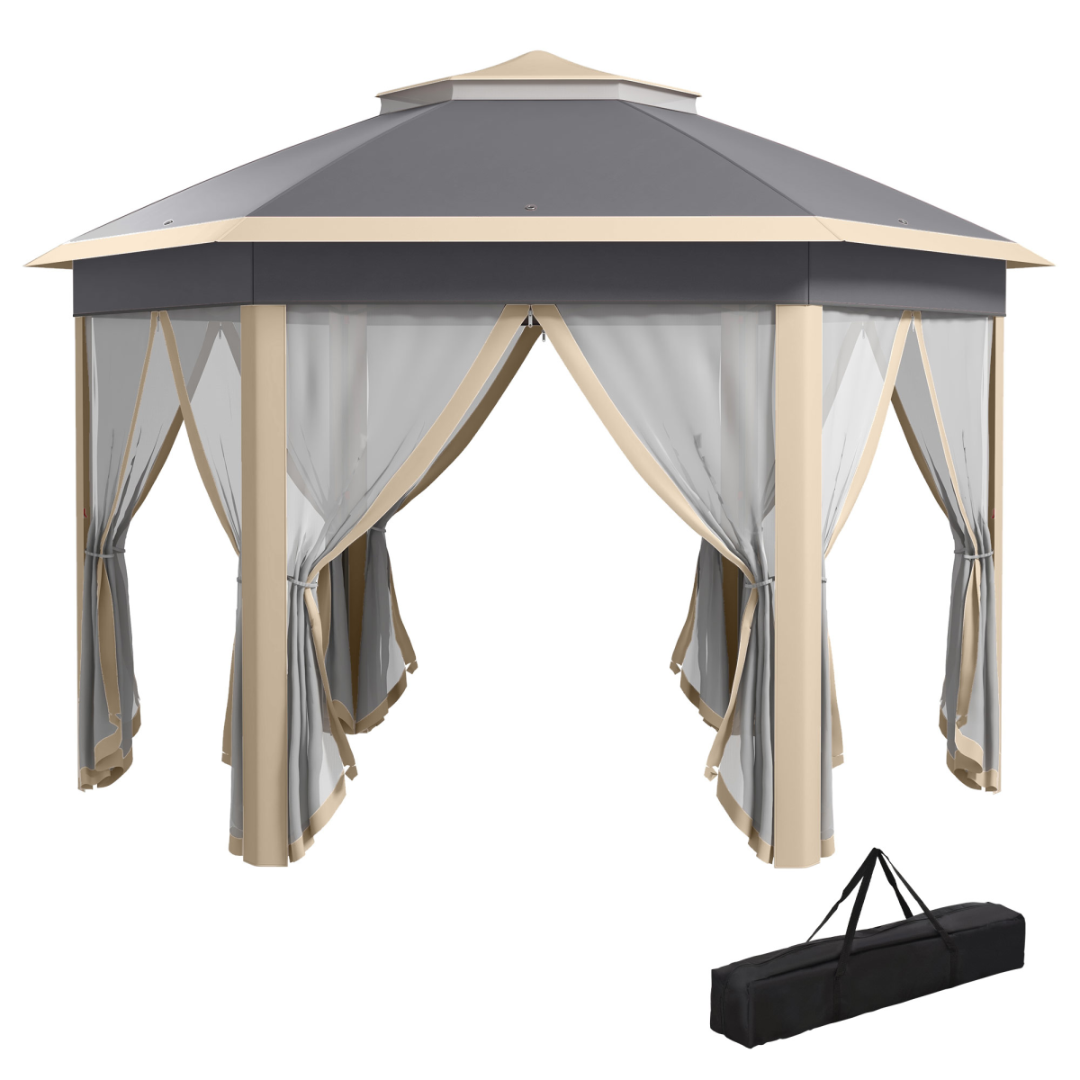 Outsunny 3x4m Hexagon Gazebo w/ Metal Frame Mesh Curtains Outdoor Garden - Khaki