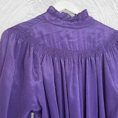 VTG 70s union made prairie cottagecore purple satin long sleeve ruffle dress L - Picture 7 of 8
