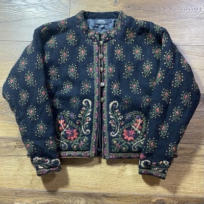 Icelandic Design Wool Cardigan Sweater Women's Large Black Floral 100% Wool