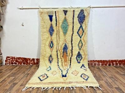Ivory Moroccan Berber Rug 8.2x3.9 ft | Handmade Wool Blue Boho Carpet