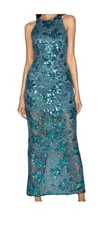 ELLE ZEITOUNE Luxe Sequin Dress Size 10 Blue Formal Maxi Gown Prom Sleeveless
