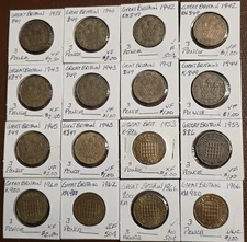 LOT OF 16 GREAT BRITAIN 3 PENCE COINS 1938 TO 1966