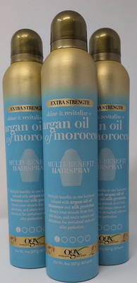 THREE OGX Argan Oil of Morocco Multi Benefit Hairspray Silk Protein 8 oz ea