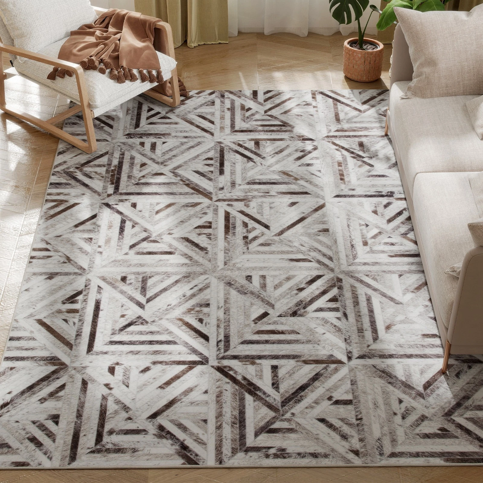HOMCOM Non-Slip Washable Rug, Chenille Floor Carpet for Living, Brown, Used