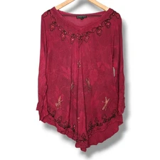 Greater Good Top Women XL L Burgundy Dragonfly Beads Artsy Festival Hippie Boho