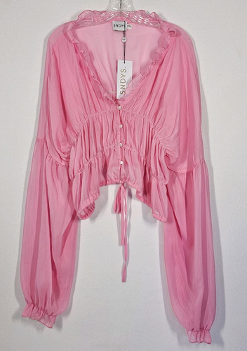 Y2k Going Out Top Cropped Sheer Ruffled Long Sleeve Pink Medium NWT Boho Peasant