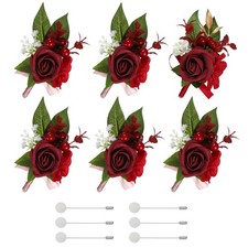 Mens Boutonnieres for Weddings, 6 Pcs Rose Boutonnieres, Burgundy/Red