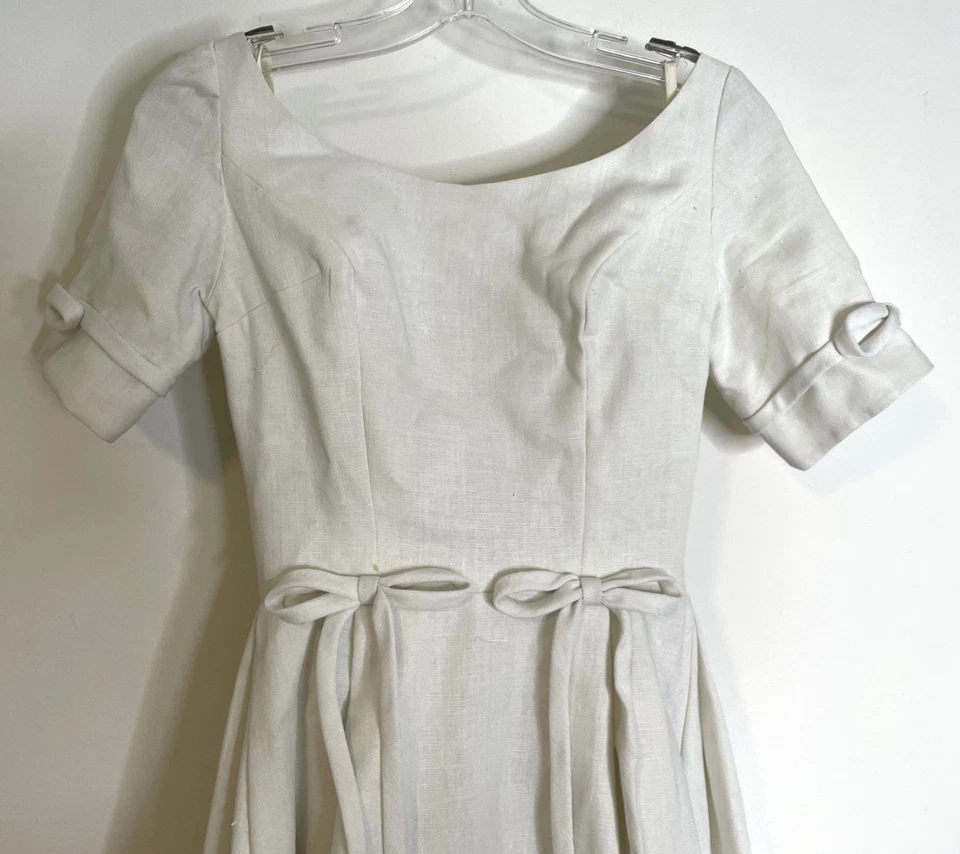 Vestido de novia vintage años 40 irlandés de lino XS S botones espalda lazos tren largo SS 0 2 4 Foto 4 de 4