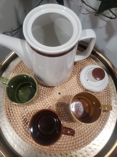 Vintage Japan Tee Kaffee Set Steingut Kanne mit 3 Tropfglasur Stapeltassen 70er Jahre  - Bild 4 von 16