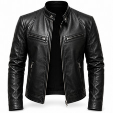 Men's Black Leather Jacket Biker Motorcycle Zip Up Stand Collar Casual Jacket