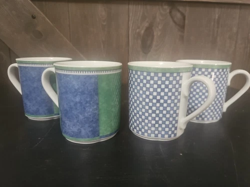 4 Villeroy & Boch Switch 3 Castell Porcelain Mug Cup Germany Blue Checkered