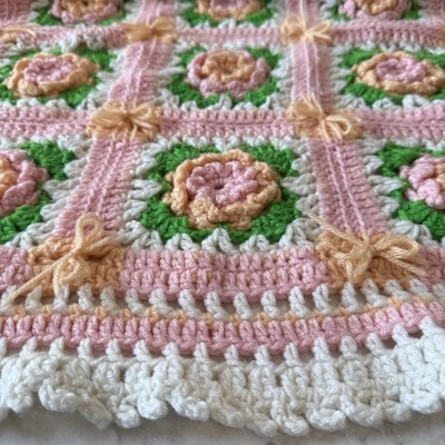 Handmade Crocheted Blanket Ruffle 3D Floral Rose Throw Spring Girl Decor 39x61 
