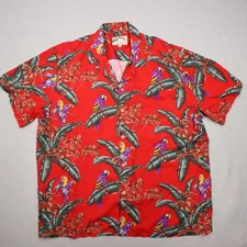 Paradise Found Hawaiian Shirt Mens XL Red Parrot Print Rayon Aloha Made Hawaii