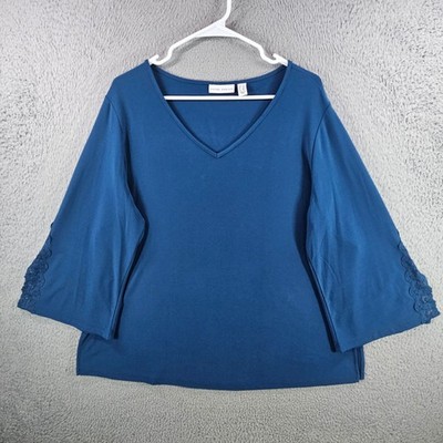 Susan Graver Blue Liquid Knit V-Neck Lace Trim Bell Sleeve Top Womens 1X