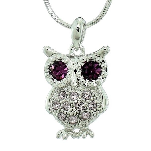 Swarovski Crystal Owl Pendant Necklace 18 Inch Chain Purple Smart Wise